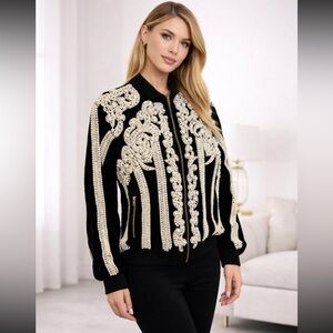 Vintage Elegant Black and White Embellished Jacket